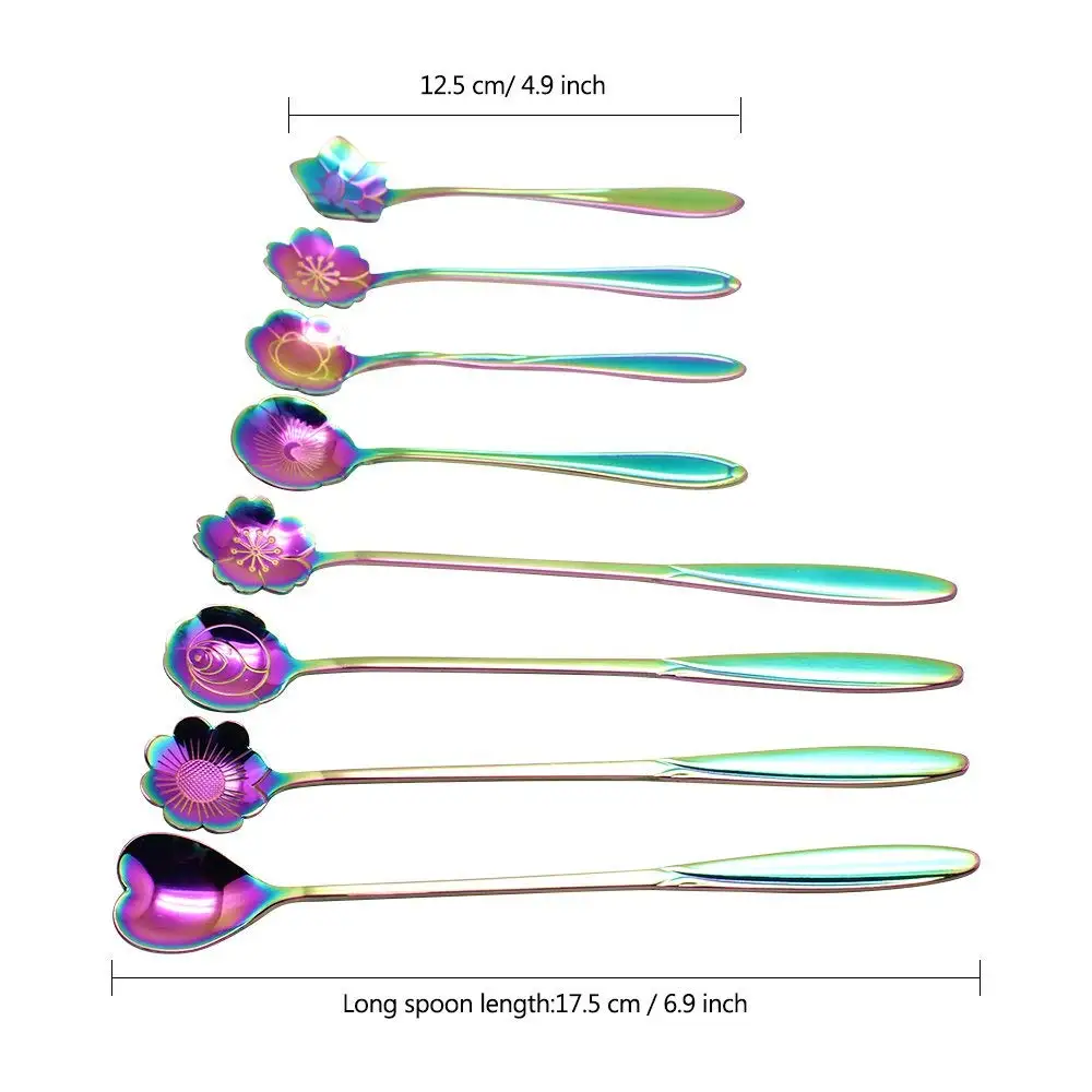 8 шт ложки с цветами Набор, 2 разных размера красочные чайные ложки из нержавеющей стали Радужная ложка для размешивания кофе