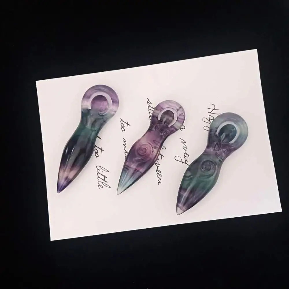 

Wholesale Price High Quality Natural Rainbow Flourite Stone Carving Goddess Statue For Making Pendants GM