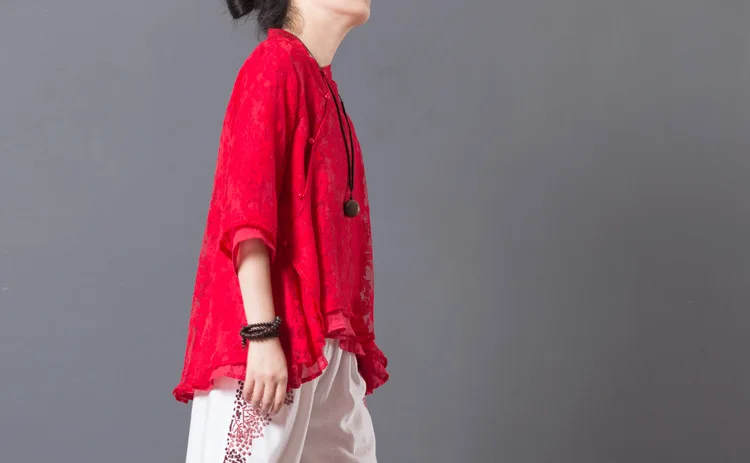 LZJN Original Women Floral Blouse Summer Tops Traditional Chinese Cheongsam Top Qipao White 4 Colors Lace Shirt with 34 Sleeve  (40)