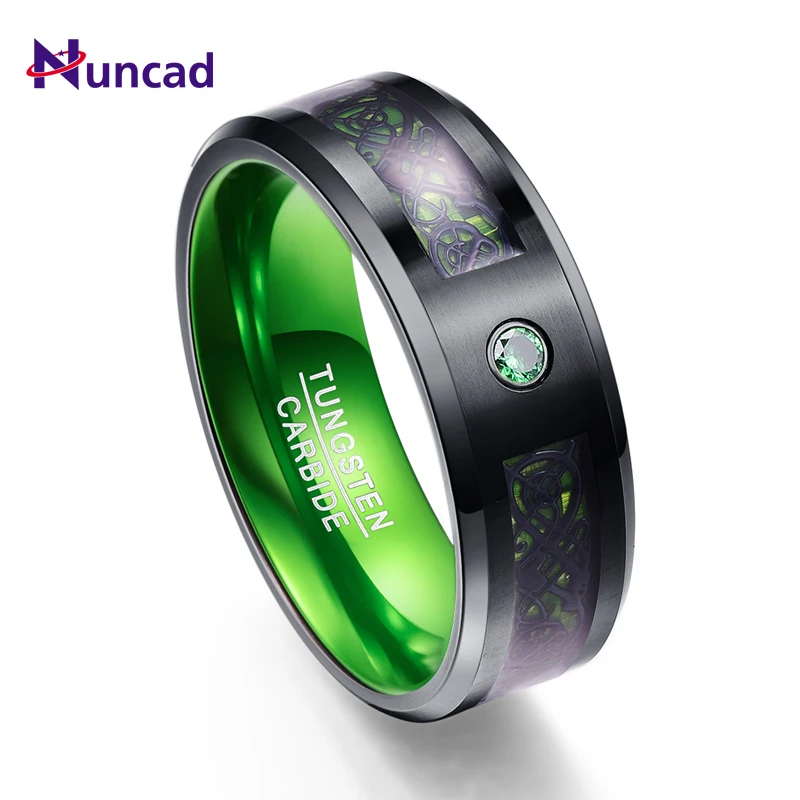 

2018 New Arrival Carbon Fiber Green Zircon Men Rings 100% Tungsten Carbide Wedding Bands Anillos Para Hombres Black Dragon