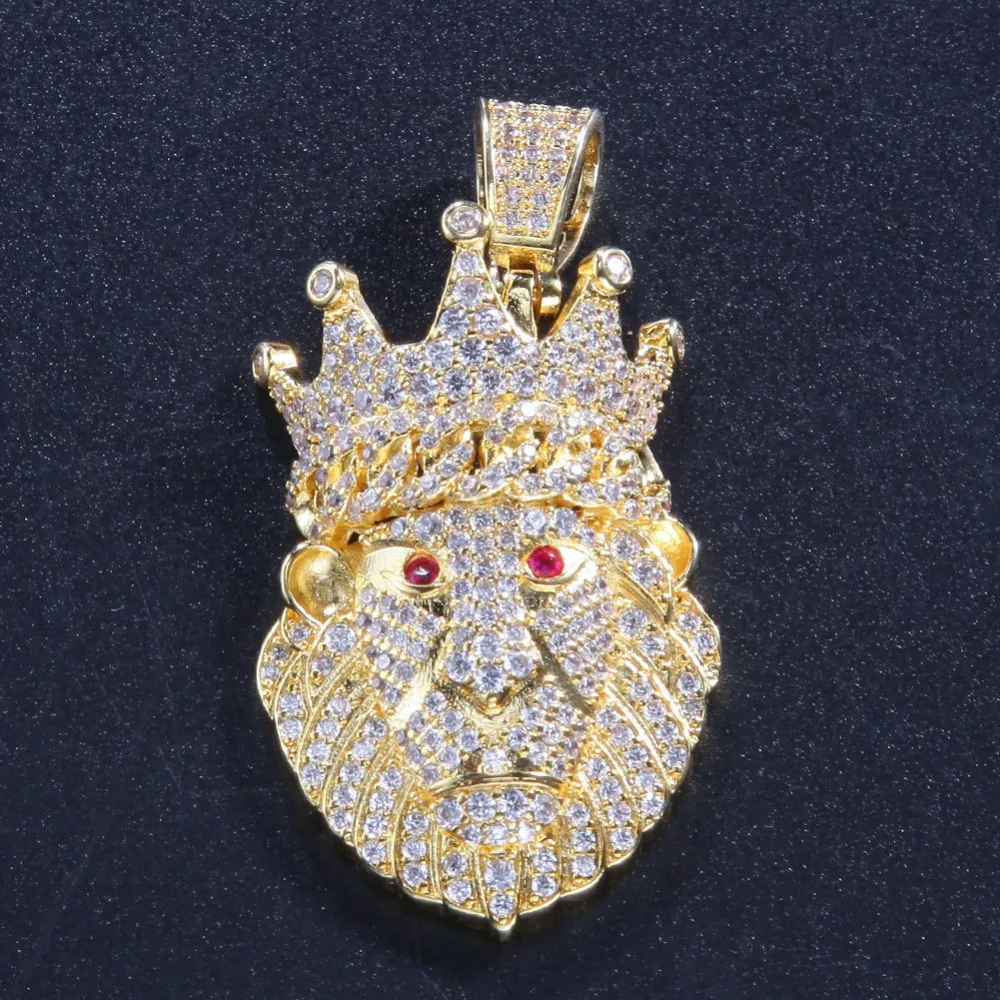 Хип-хоп AAA CZ циркон проложили Bling Iced Out корона лев животное подвески ожерелье для мужчин рэппер ювелирные изделия золотой цвет Прямая