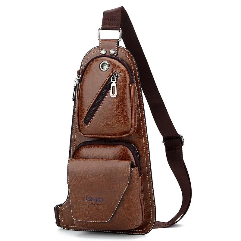 

JEEP Men's Fashion Chest Pack Single Shoulder Strap JEEP Bag Leather Cross body Bags Vintage Chest Bag KSL739M