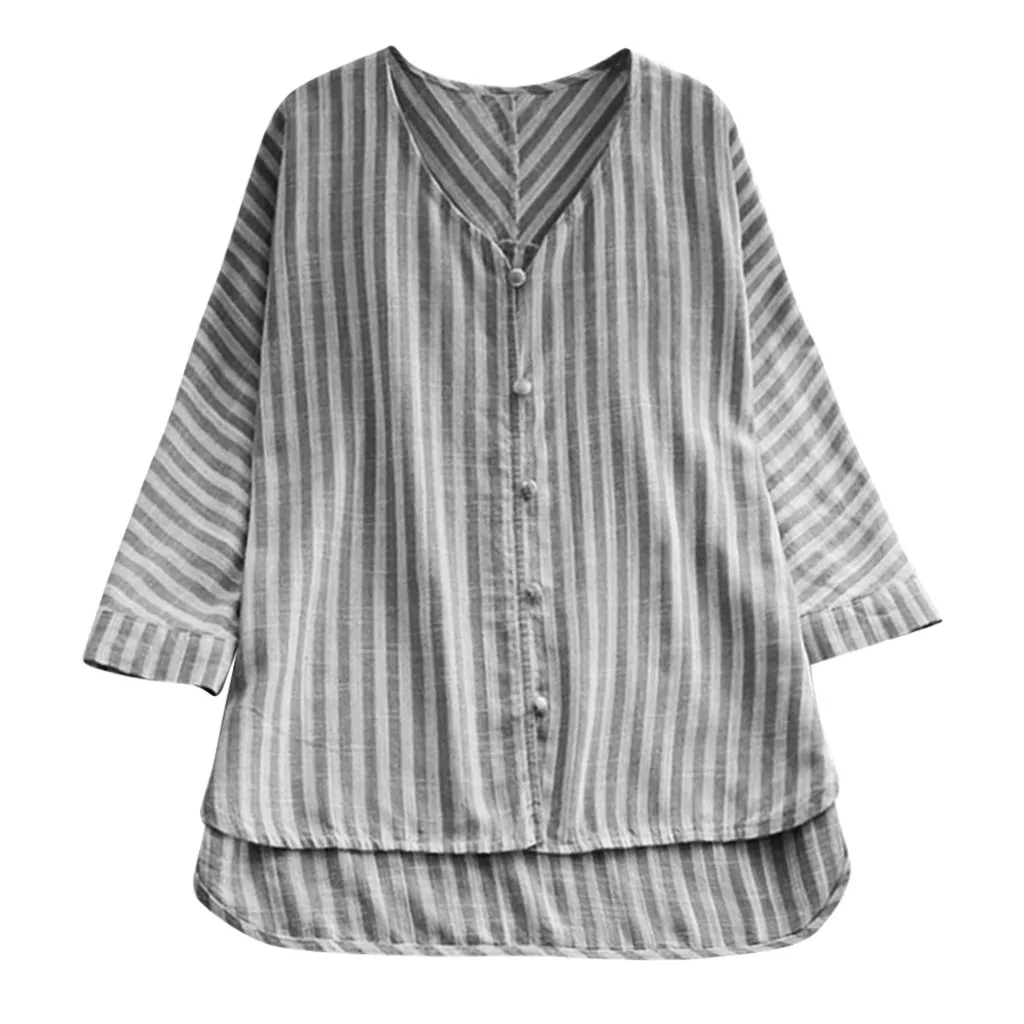

SAGACE Women blouses woman 2019 plus size Casual Loose Linen Plus Size V Neck Stripe Button Shirt Blouse Tops Blouse Shirt Tops