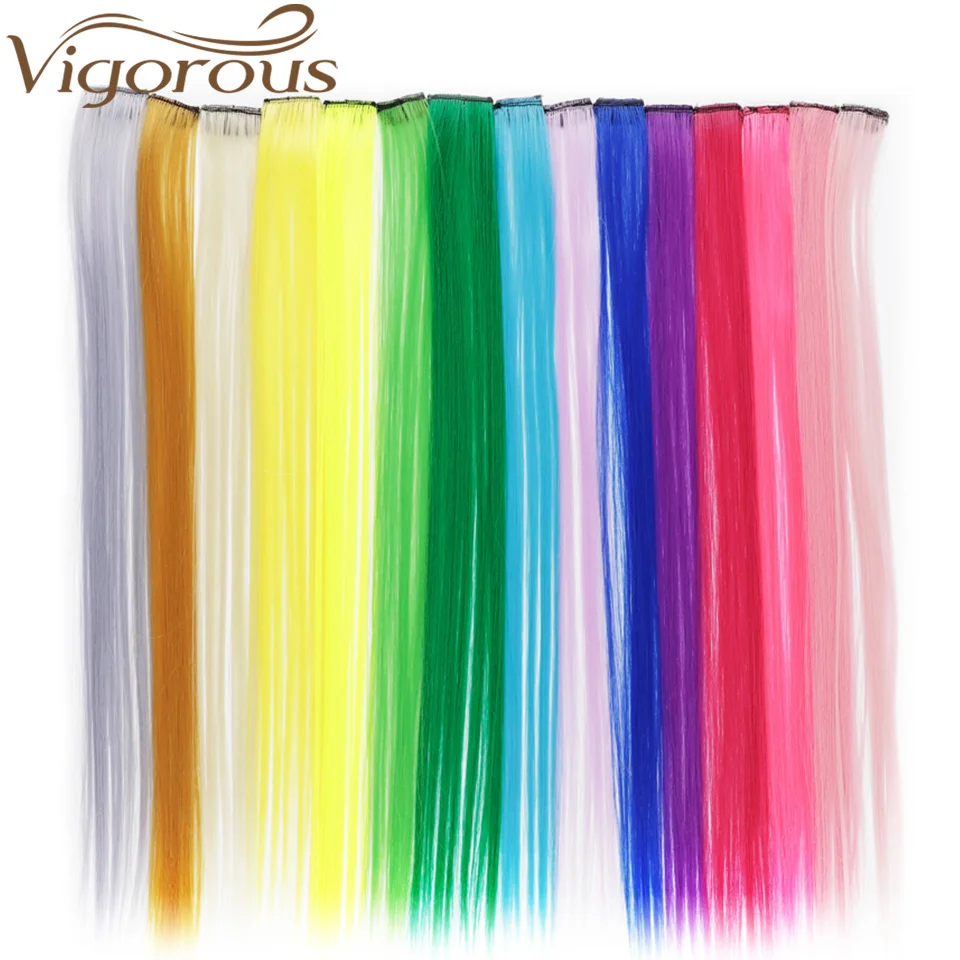 Vigorous Single Clip In One Piece Synthetic Long Straight Hair Extensions Heat Resistant Two Tone Pink Purple Blue