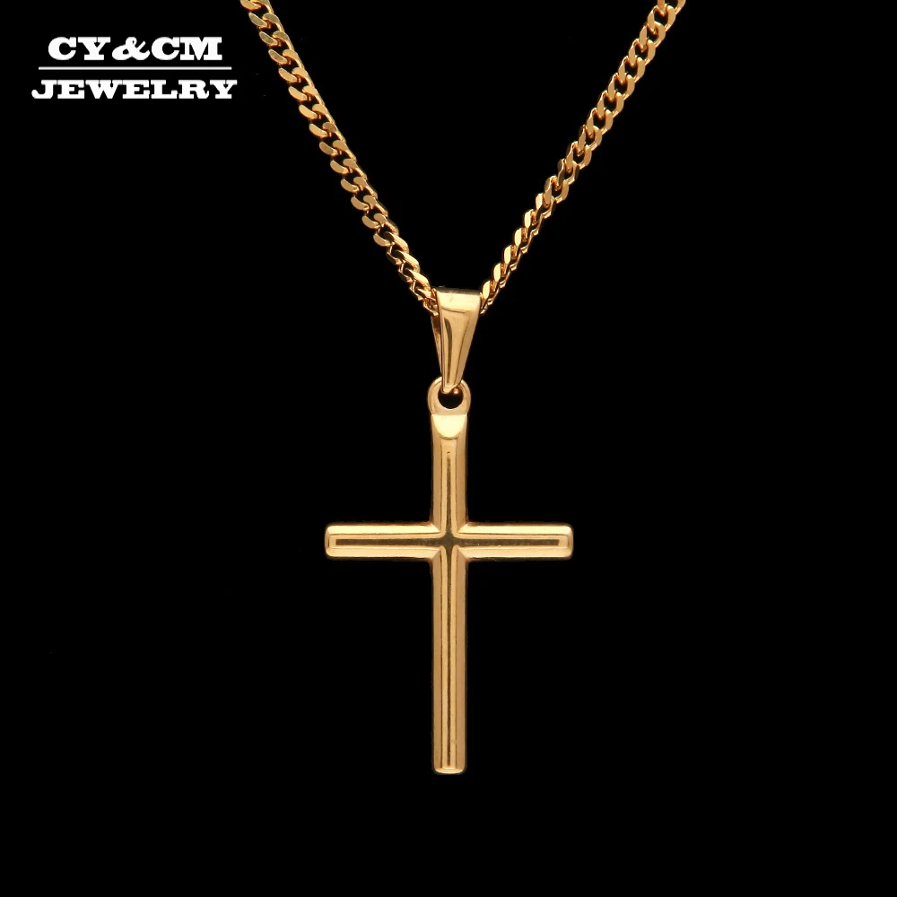 

CY&CM Mini Smooth Cross Pendant Necklace Gold Color Hiphop 316L Stainless Steel Golden Jesus Charm Jewelry Men Women Cuban Chain