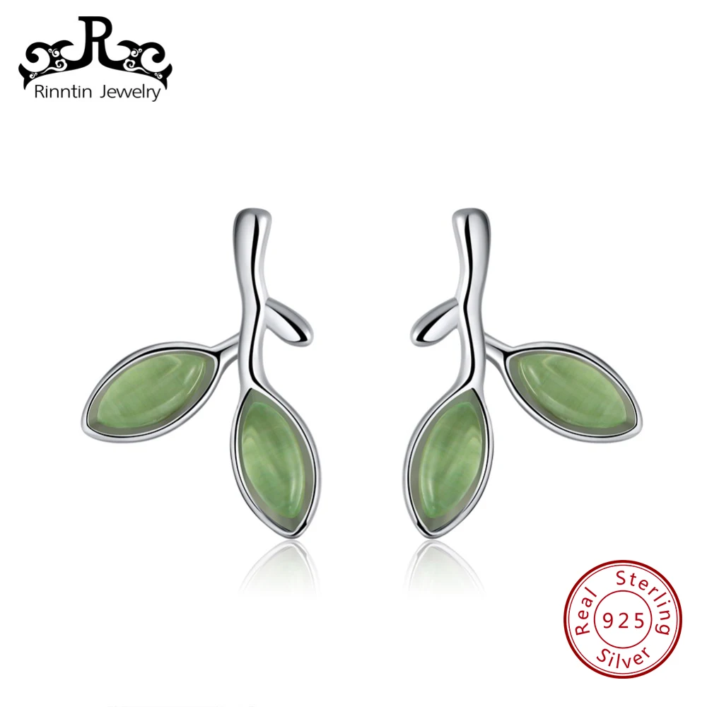 

Rinntin 100% Sterling Silver 925 Stud Earrings for Women with Green Leaf Design Female Party Fine Earring Jewelry Gift TSE87
