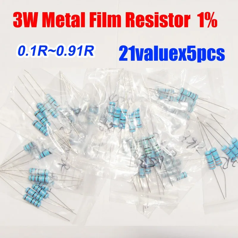 3 Вт металлическая пленка 21 объем X 5 шт = 105 шт Резистор Комплект 0.1R~ 0.91R резистор упаковка 1% Допуск