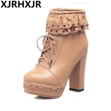 XJRHXJR/Женская обувь; милые ботинки Лолиты в японском стиле; ботильоны на шнуровке из водонепроницаемого материала; женские повседневные ботинки телесного цвета на толстом высоком каблуке