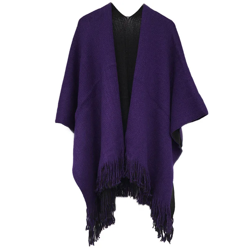 Мода женщин одеяло негабаритных шарф обернуть длинный вязаный шаль пончо кисточкой бахрома - Цвет: Black and Purple