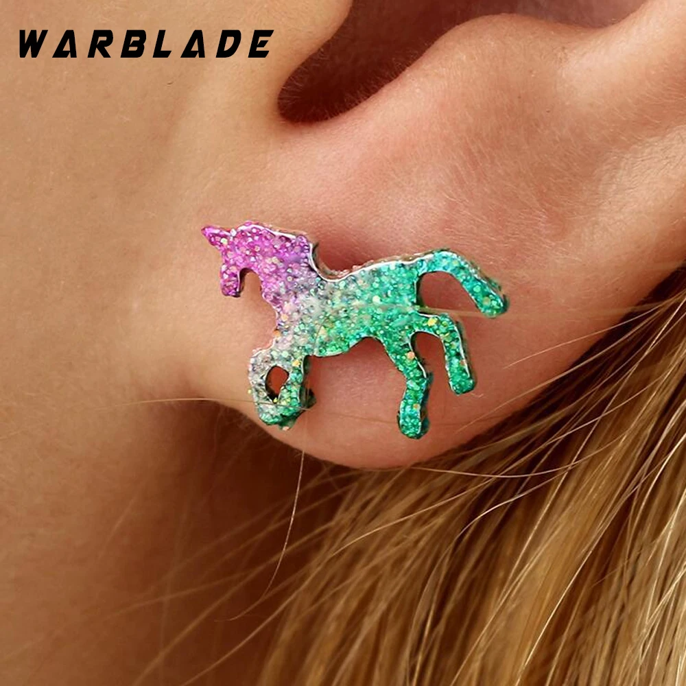 

Colorful Glitter Unicorn Earrings For Women Men Silver Color Animal Horse Stud Earring Party Jewelry Bling Bling Ear Accessories