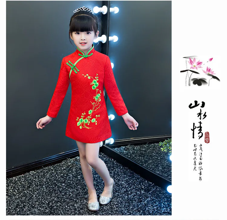 Детская одежда с длинным рукавом Cheongsam красный китайский традиционный свадебный цветок платье принцессы для девочек новый год платья