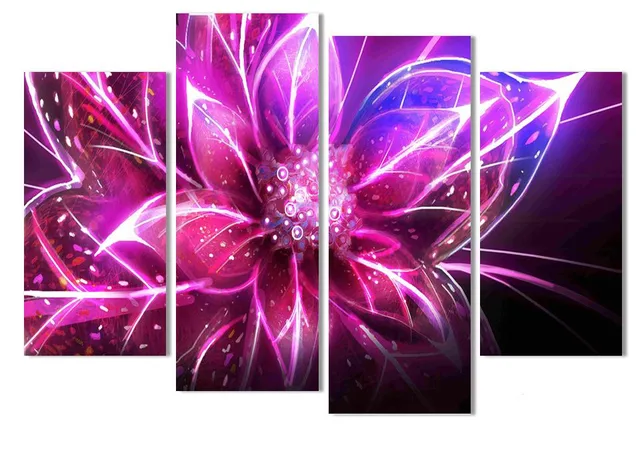 4 Piece Cheap Abstract Canvas Art Modern Wall Painting Purple Glowing Flower Home Decorative Art 