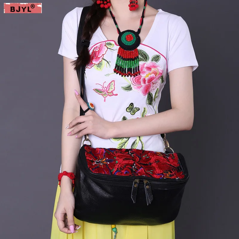 

BJYL New Genuine leather Women handbags national wind embroidered leather female crossbody messenger bag ladies shoulder bag