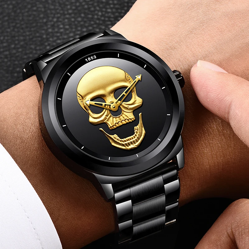 LIGE Skeleto, мужские часы, Топ бренд, повседневные, 3D череп, полностью стальные, водонепроницаемые, военные, спортивные, Мужские кварцевые наручные часы, Relogio Masculino