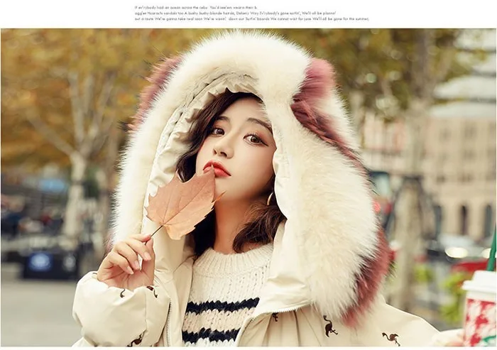 ZURICHOUSE Down Parka Women Long Hooded Fashion Embroidery Warm Natural Big Fur Collar White Duck Down Jacket Winter