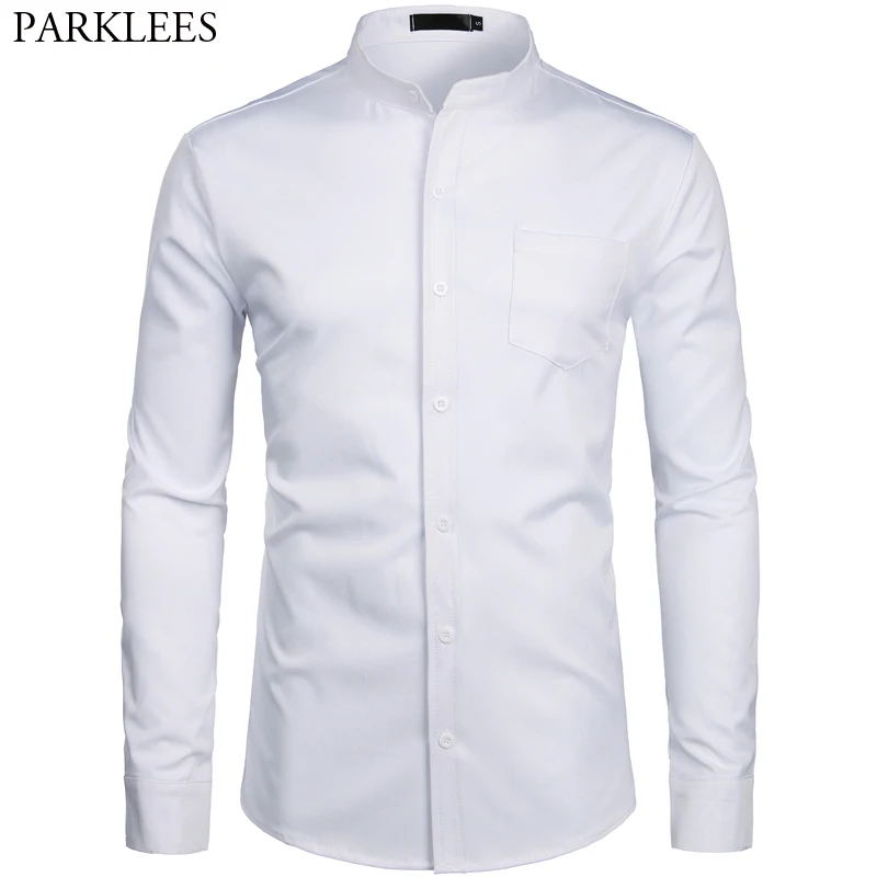 Shirts Dress Chemise Mandarin-Collar Slim-Fit Work Long-Sleeve White Mens Casual 2XL