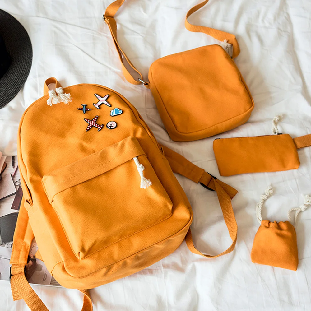 새로운 4 개/대 한국어 캐주얼 여성 배낭 캔버스 책 가방 귀여운 비행기 배지 schoolbag 십대 소녀 복합 가방 mochila
