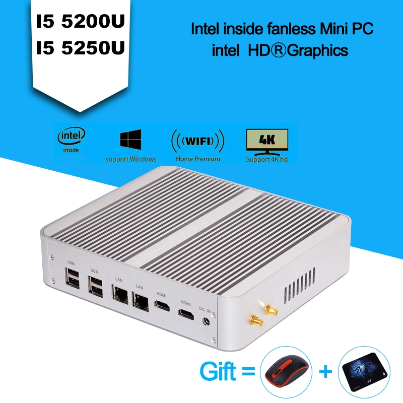 Hot sale Fanless PC i5 Mini PC Windows 10 Broadwell Core i5 5200U 4K HTPC Optical+2*Nics+2*HDMI+300M Support Windows 7/8.1/Linux