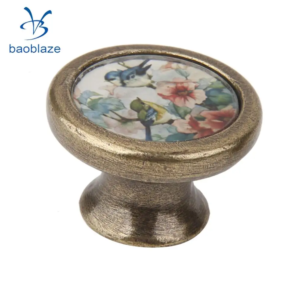2 Pieces Vintage Retro Brass Round Cabinet Door Drawer Closet Dresser Pulls Handle Knobs with Screws Rabbit Girl + Birds Flower