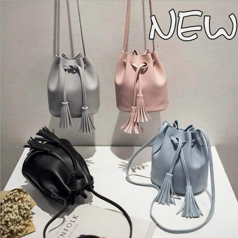 Vintage Lady Tassel Fringe Drawstring Bucket Shoulder Bag Messenger Handbag