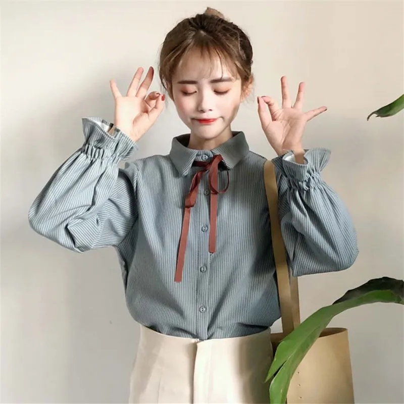 

Lychee Girls Bow Lace Up Stripe Women Preppy Style Blouses Peter Pan Collar Long Flare Sleeve Blouse Shirts Spring Sweet Blouses