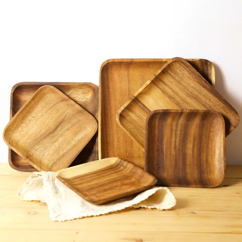 

Rectangle Square Solid Wood Pan Plate Fruit Dishes Saucer Tea Tray Dessert Dinner Bread Wood Plates