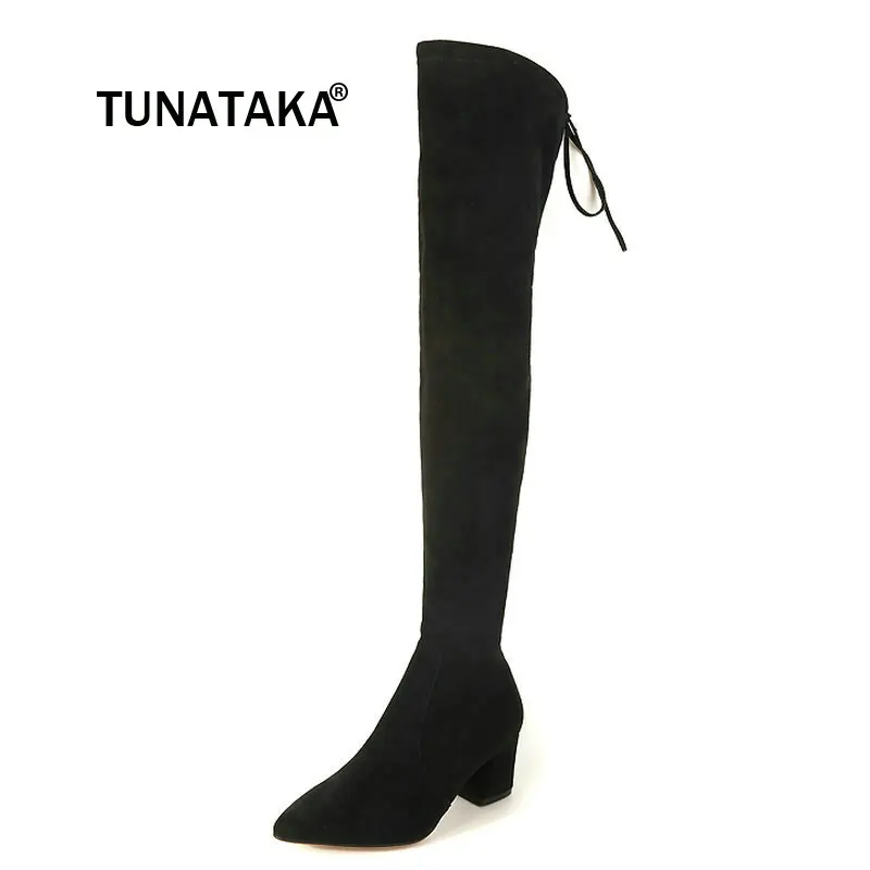 

Women Suede Comfortable Square Heel With Side Zipper Thigh Boots Fashion Cross Tied Winter Elastic Boots Black Gray Green