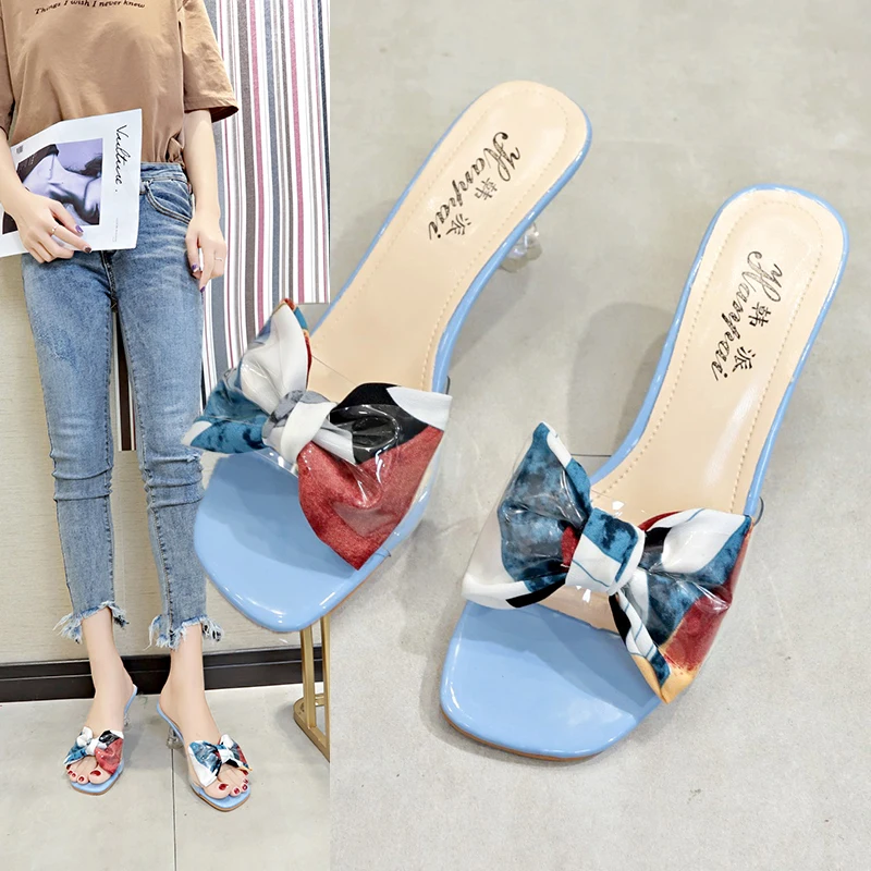 

2019 pantuflas fashion peep toe women slippers transparent summer outdoor colorful butterfly-knot high heels zapatos mujer tacon