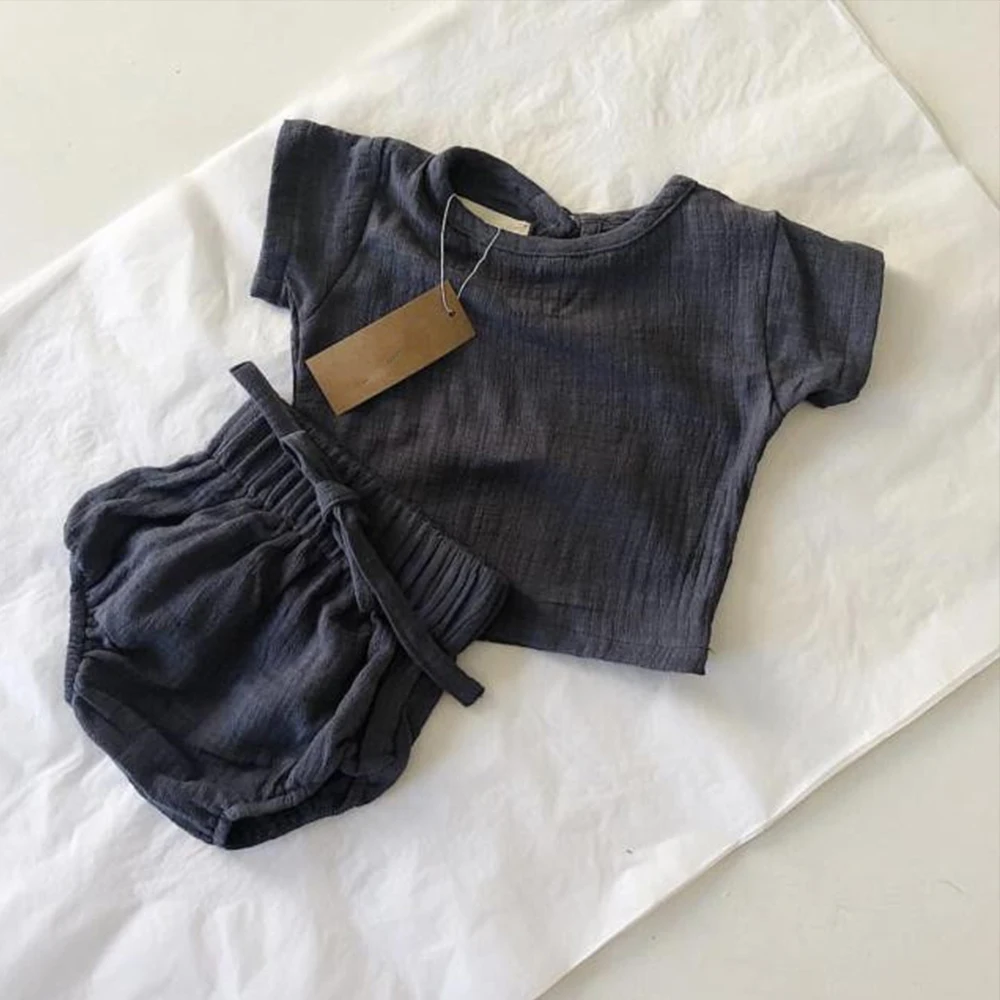 Летняя одежда для маленьких мальчиков летняя одежда для девочек Одежда для девочек льняные повседневные комплекты комплект для девочек однотонный пуловер короткая одежда для мальчиков