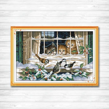 

Landscape out of the window Counted Print on canvas DMC 11CT 14CT Cross Stitch kit Needlework Set Embroider winter bird snow cat