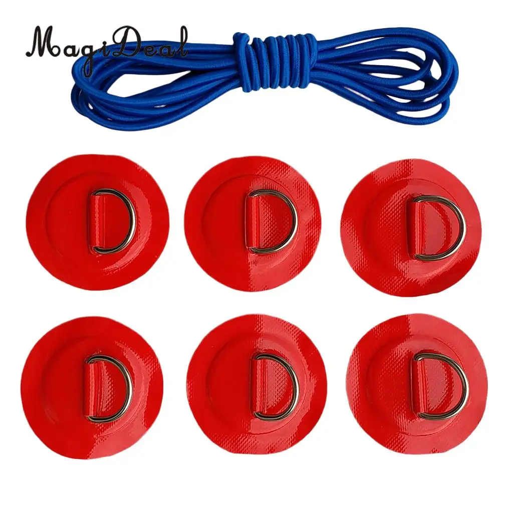 Pack 6 Stainless Steel D-Ring Patch/Pad & 5mm x 5m Elastic Shock Cord Rope for PVC Inflatable Boat Kayak Raft Dinghy - 6 Colors