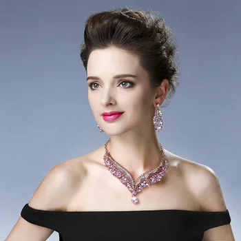 

3 colors CZ statement necklace + earrings jewelry sets party big flowers Vintage colors gold Bohemian bride Luxury Shiny