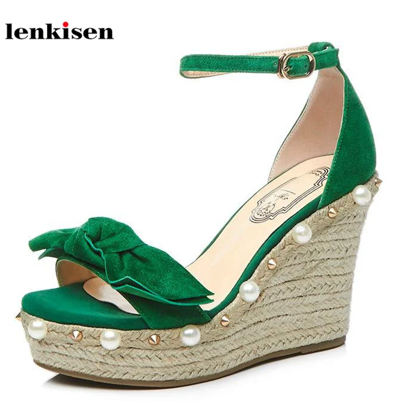 

Lenkisen 2018 summer buckle straps solid peep toe causal beach shoes rivet pearl decoration high heels fashion women sandals L63