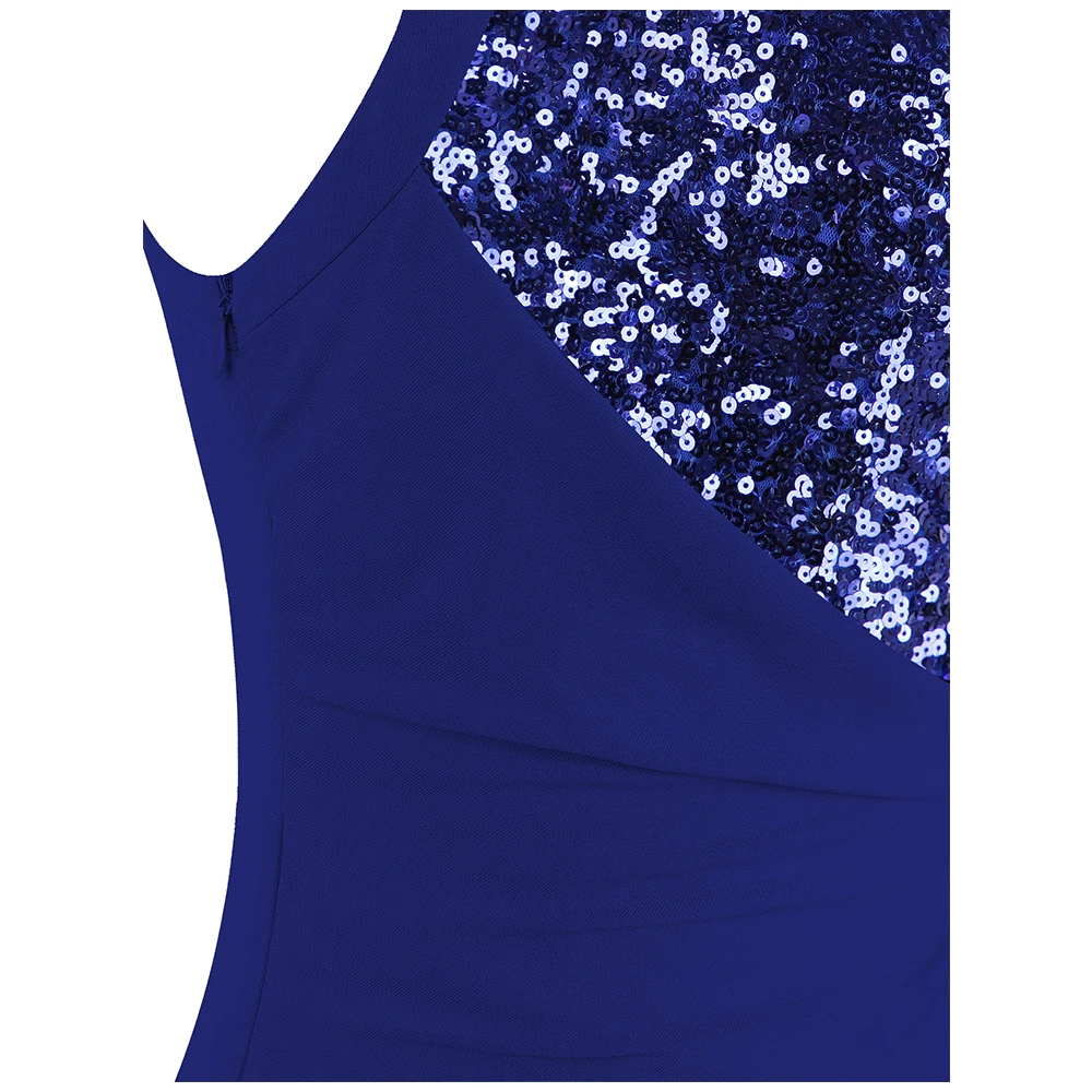 Angel-fashions Women's One Shoulder Splicing Evening Dress Long Formal Party Gown Pleated Slit Blue Gray 399