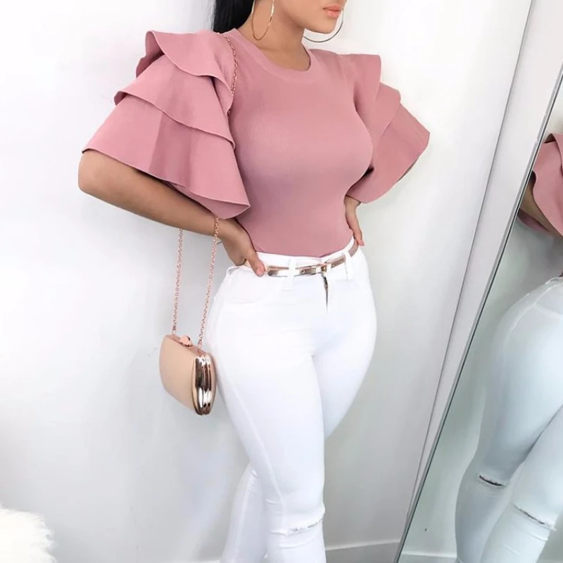 Women's O Neck Flare Ruffles Short Sleeve Sexy Night Club Shirt Crop Tee Top Streetwear Female | Женская одежда