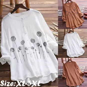 

Plus Size Women Cotton Blend Tops Long Sleeve Tunic Blouse Flower Print Button Irregular Hem Shirts