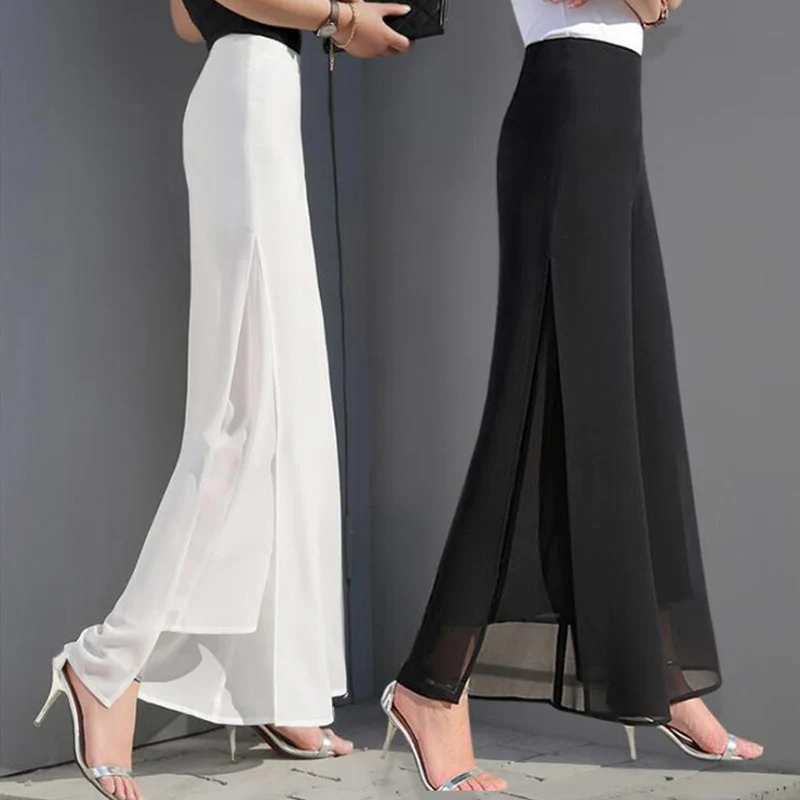 Женские винтажные свободные длинные брюки с высокой талией, шифоновые Повседневные брюки палаццо с разрезом сбоку, широкие брюки