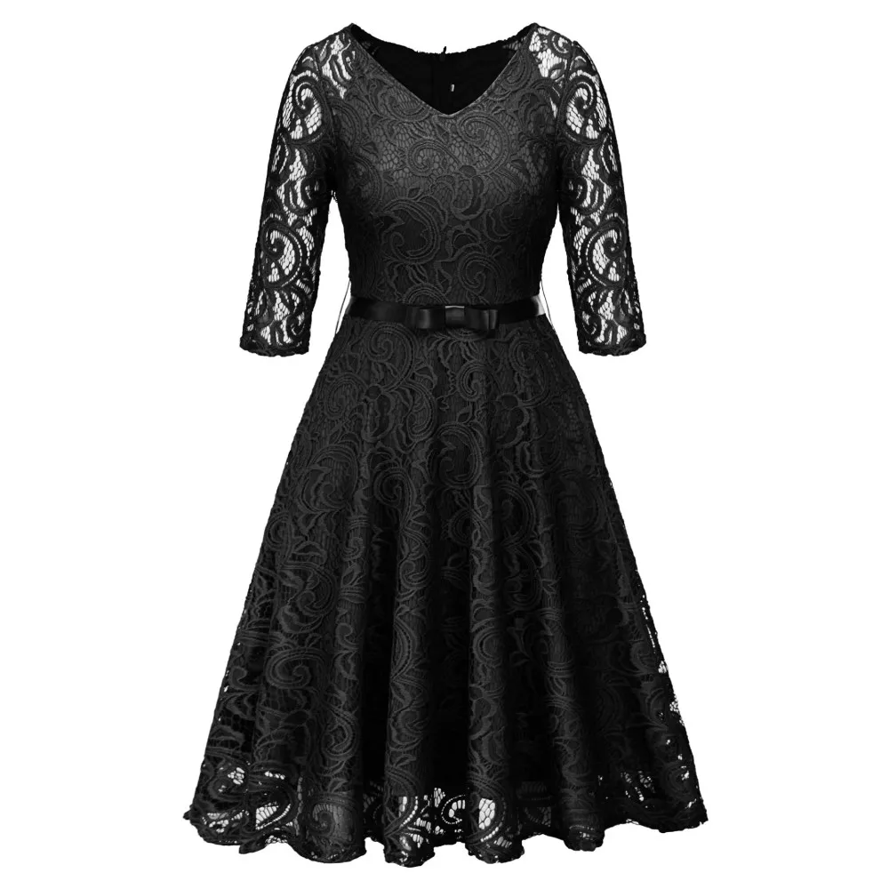 Joineles, элегантный стиль, весеннее женское кружевное платье в стиле ретро, 3 однотонных цвета, 3/4 рукава, винтажное платье, вечерние платья, ремни, платья-туники - Цвет: Black