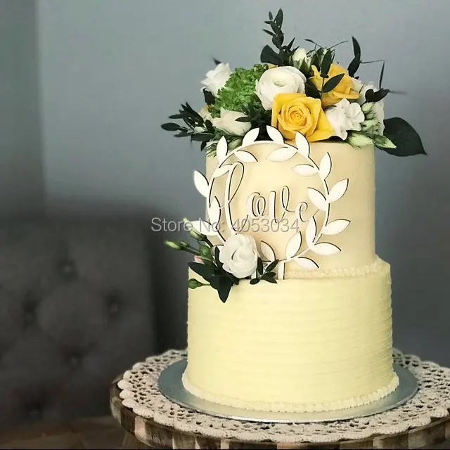 

Love Wedding Cake topper. Wooden cake topper. Wood. Round decorative cake topper. Botanical wedding. Cade Decoration
