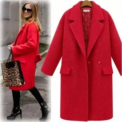 New Women Wool Coat With Quilting Long Winter Woolen coats Red Black Fashion warm Casual Peacoats Plus size | Женская одежда