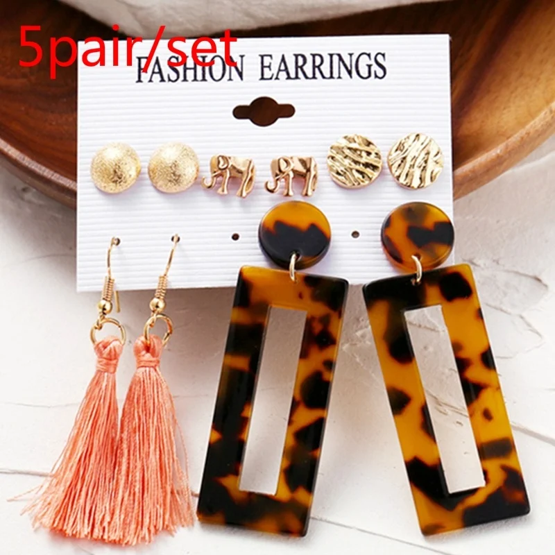 

5Pcs/Set Creative New Elephant Acrylic Leopard Fringe Stud Earring Set