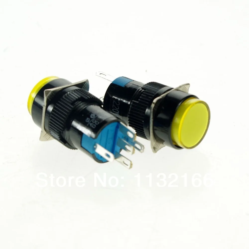 

10pcs 220VAC Pilot Light Lamp 16mm Hole Color Yellow 1NO 1NC Contact 5 Pin SPST Momentary Push Button Switch
