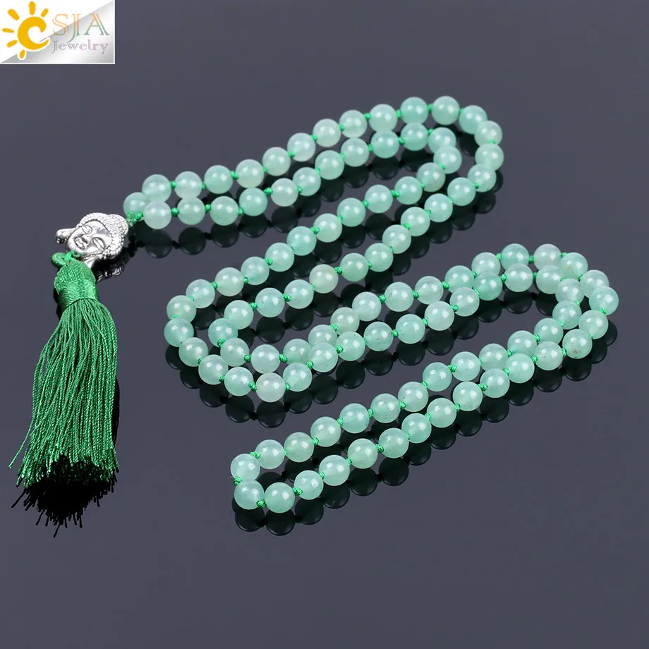 

CSJA Natural Gem Stone Green Aventurine Women Long Necklaces 6mm 108 Mala Bead Silk Tassel Buddha Ethnic Boho Maxi Necklace F136