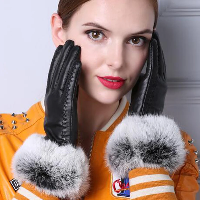 Дубленка натуральная кожа перчатки Женская зимняя обувь кролика плюс бархатные сенсорные перчатки для отдыха для верховой езды толстые