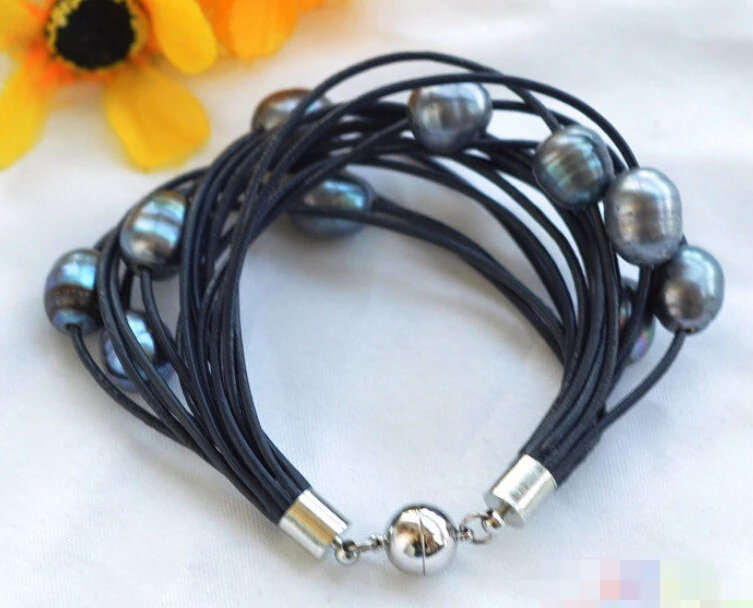 

0645 15row 8" peacock rice freshwater pearl black leather Bracelet