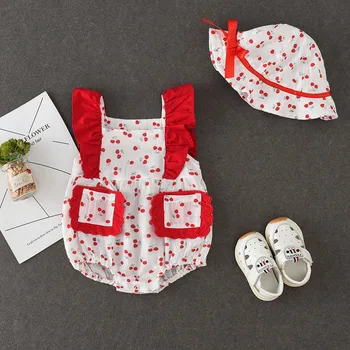 

2019 NEW Baby Girls Clothes Summer Sunsuit Cherry Print Princess Rompers+Sun Hat Brief Set Infant Outfit Girls Jumpsuit Clothes
