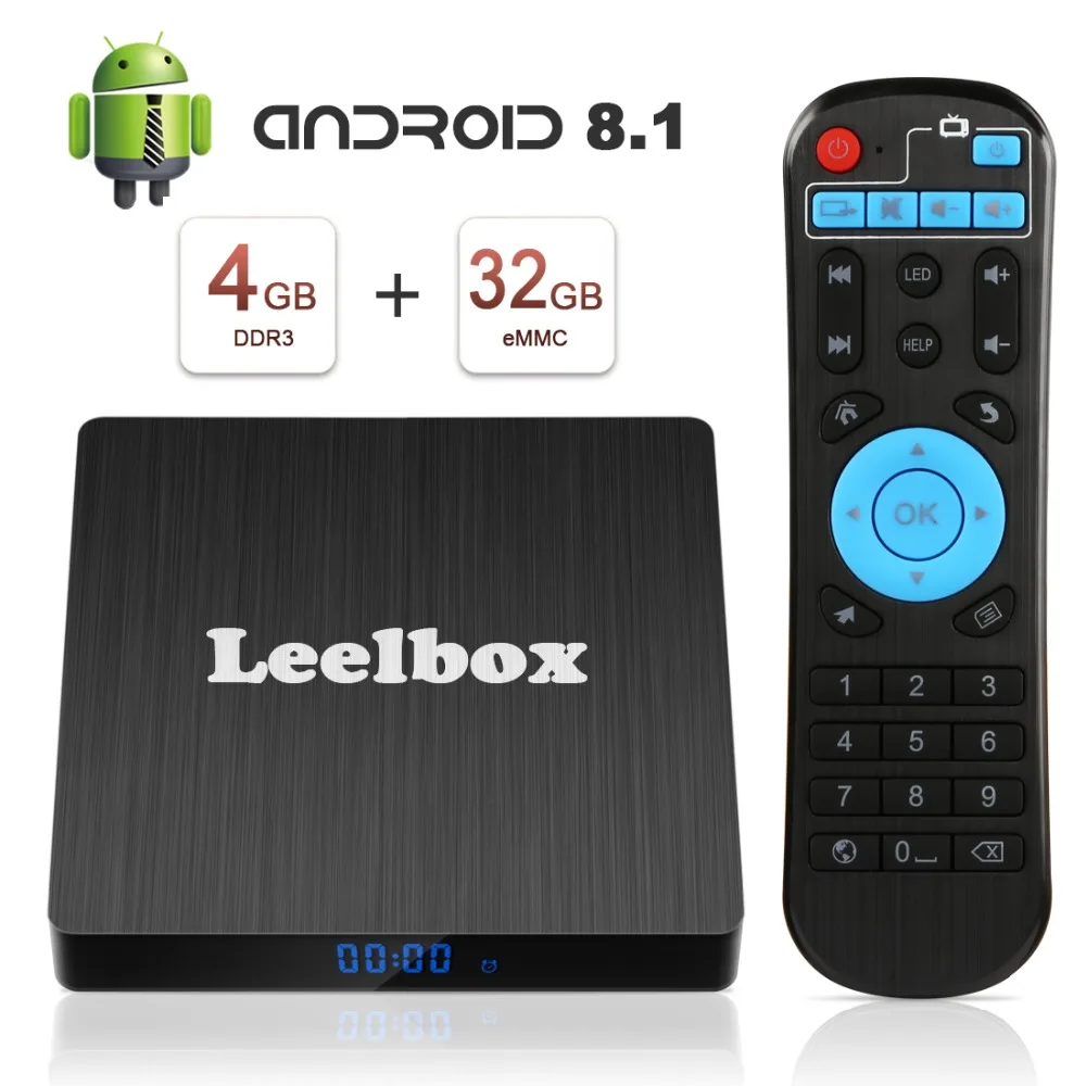 Android 8 1 ТВ приставка Leelbox Q4 S 4GB + 32GB четырехъядерный Смарт с поддержкой BT 4 1/2 GHz WiFi/3D/4
