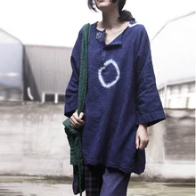 Johnature весенние женские футболки с принтом новые винтажные повседневные Простые свободные топы из хлопка и льна с круглым вырезом и пуговицами