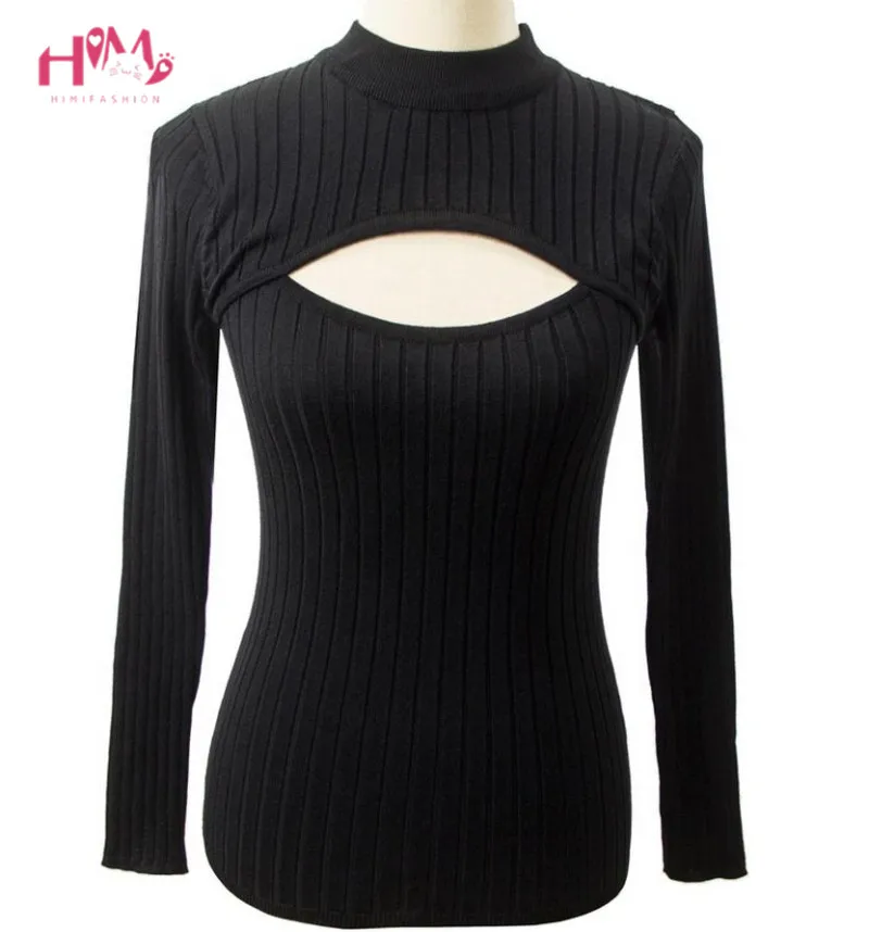 

Black White Open Chest Sexy And Cute Sweater High Collar Kitted Tank Tops Trend Korean Version Slim Body Long Sleeve Shirts