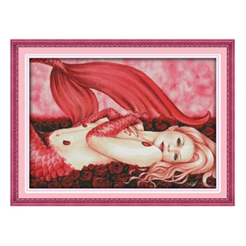 

JoySunday cross stitch diy Red mermaid girl woman seaside beach red hair DMC14CT11CT cotton needlework livingroom hotel painting